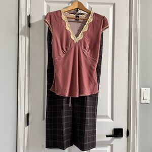 Y2K GAP Brown and Pink Women’s Set Wool & Silk Velvet - Plaid Trousers Lace Tank
